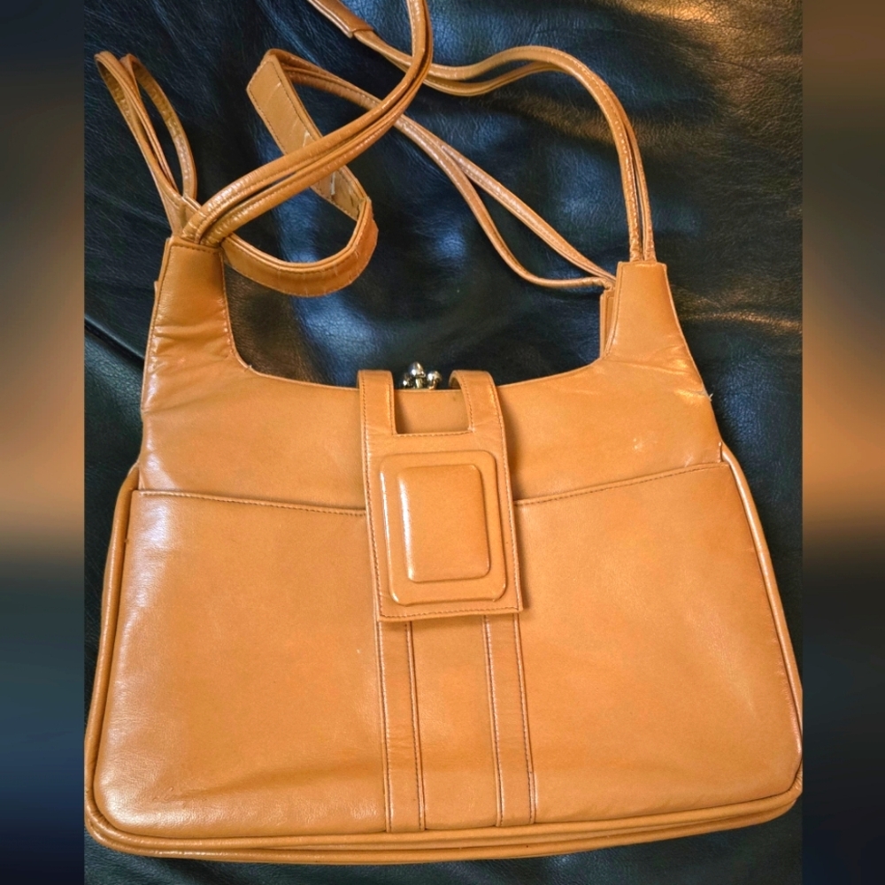 Lou Taylor gorgeous vintage tan leather handbag built-in mirror many pockets